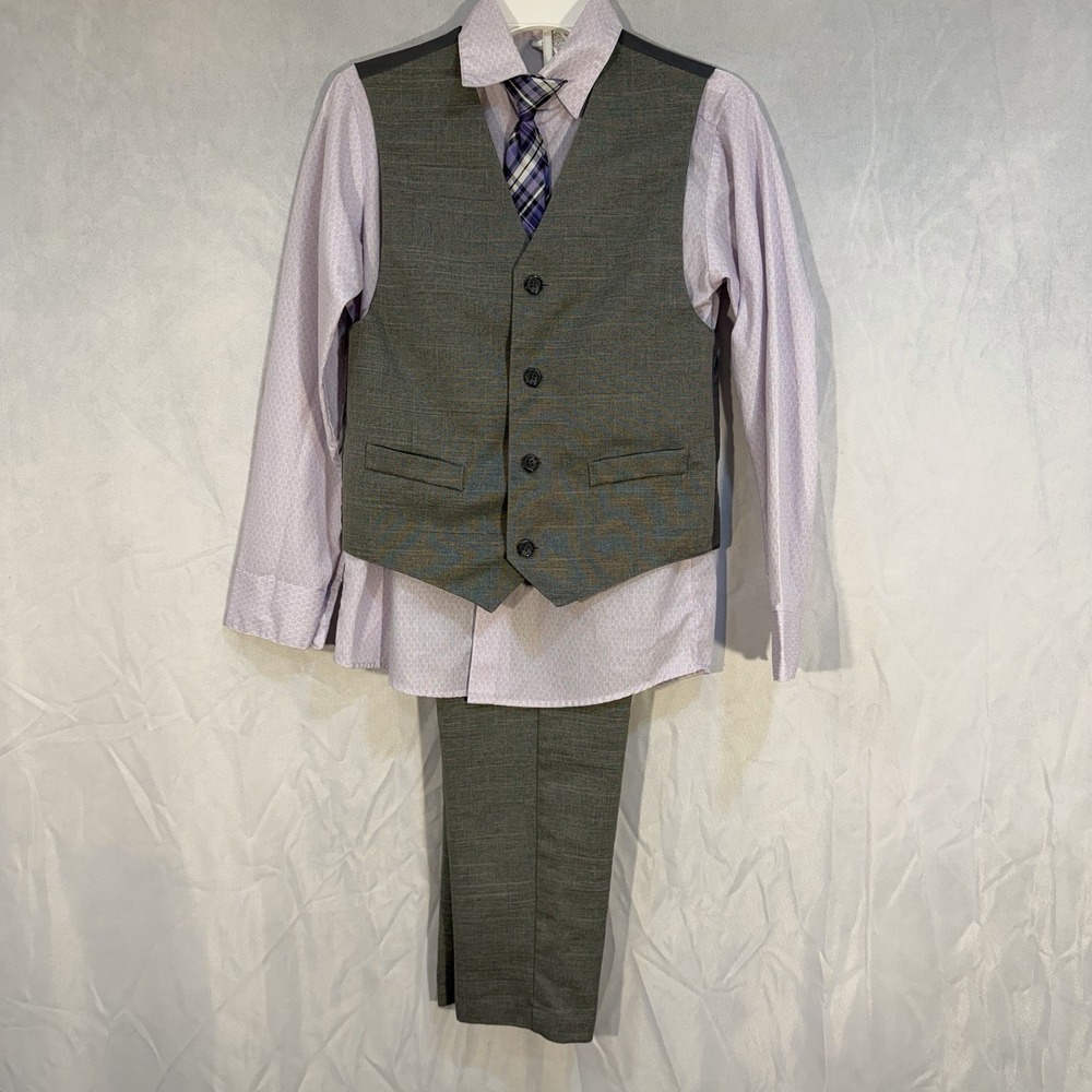 Boys‎ 4-Piece Formal Set (Vest, Pants, Shirt, Tie) Gray Pink S-10 Elastic Waist